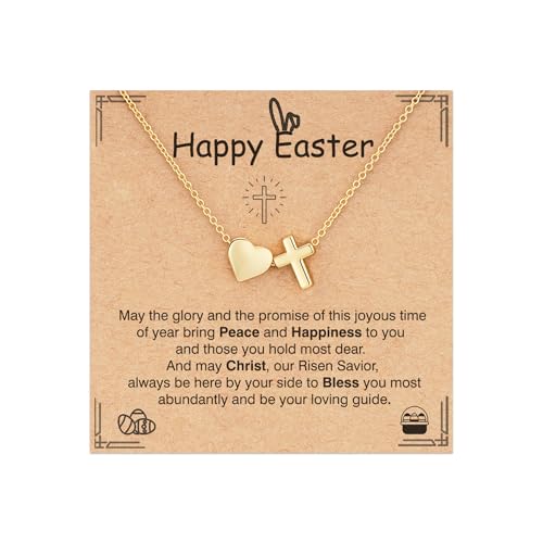 Baptism Gifts for Girls, 14K Gold Plated Heart Cross Necklace for Daughter Granddaughter Niece Sister Confirmation First Communion Christian Religious Gifts 16+3 Inches - style: Easter Heart Cross Necklace