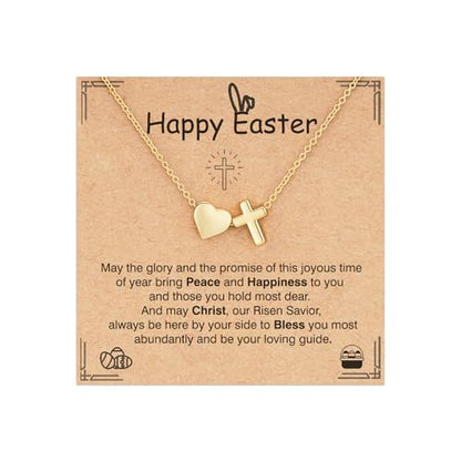 Baptism Gifts for Girls, 14K Gold Plated Heart Cross Necklace for Daughter Granddaughter Niece Sister Confirmation First Communion Christian Religious Gifts 16+3 Inches - style: Easter Heart Cross Necklace