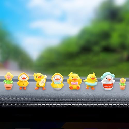 8PCS Cute Duck Car Dashboard Decorations, Funny Resin Rear View Mirror Ornament Present for Women, Mini Animal Auto Interior Desktop Accessories for Office Home (Duck/Yellow flower pots)