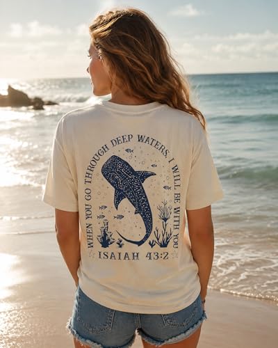 Whale Shark Shirt Christian Shirts for Women Faith Bible Verse Tee Top - color: Creamy Yellow-1, size: XX-Large
