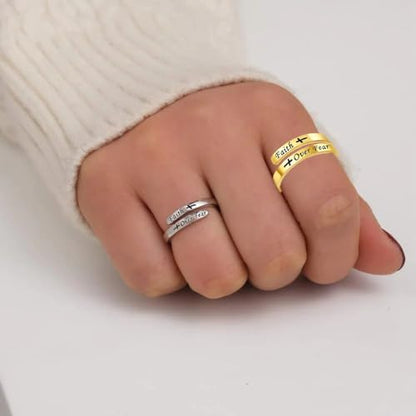 Faith Over Fear Cross Inspirational Rings, S925 Silver Adjustable Tiny Purity Christian Wrap Ring Christian Blessed Hope Encouragement Ring Christmas Graduation Cocktail Party Jewelry Gifts for Women - color: Gold&Silver