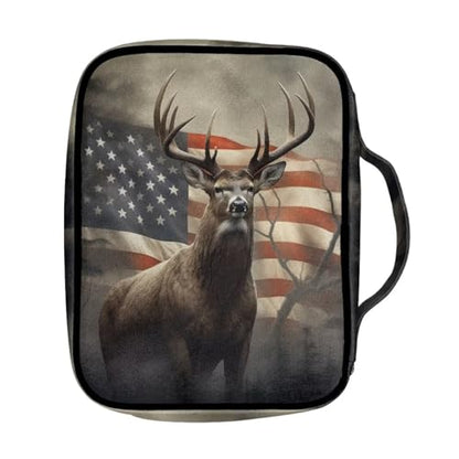 Suobstales American Flag Deer Print Bible Cover Portable Carrying Book Case Multi-Functional Bible Case Bible Organizer Case with Handle and Zippered Back Pocket - color: American Flag Deer 2