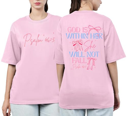 God is Within Her Jesus Oversized Shirts for Women Christian T-Shirt Religious Tee Bible Verse Inspirational Tops - color: Pink, size: Small