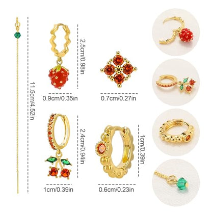 Gold Earrings Set for Women 14K Gold Plated Cubic Zirconia Love Heart Bowknot Clover Fruit Flower Insect Ocean Cross Huggie Hoop Earrings Stud Earrings Set for Multiple Piercing Party Jewelry Gifts - style: Strawberry and Cherry