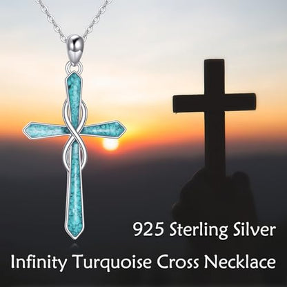 Infinity Cross Necklace S925 Sterling Silver Turquoise/Wooden/Opal/Abalone Cross Pendant Necklaces Christian Jewelry Gifts For Women - style: Turquoise-2
