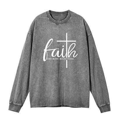 Christian Shirts for Women Faith Can Move Mountains Acid Wash Shirt Jesus Religious Bible Verse Long Sleeve Top - color: Gray, size: X-Large