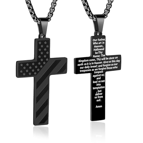American Flag Cross Necklace for Men, Christian Confirmation Baptism Gifts - color: Black, style: Lord's Prayer