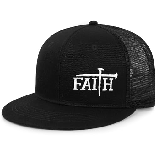 Christian Hats for Men Women - Cross Faith Flat Snapcback Hats - Religious Gifts for Thanksgiving Christmas - color: Black Mesh/Faith White