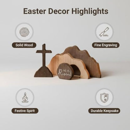 The Empty Tomb Easter Scene and Cross Decoration Wooden Easter Resurrection Scene Cross Decor Jesus Tomb Tray Set for Home Office Tabletop Religious Decoration