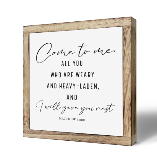 Scripture Sign, I Will Give You Rest Sign, Wooden Plaques Box Signs, Farmhouse Table Decor, Home Decor Accent, Inspirational and Reassuring Wood Sign, Matthew 11:28 Sign, Bible Verse Sign - color: Christian A06