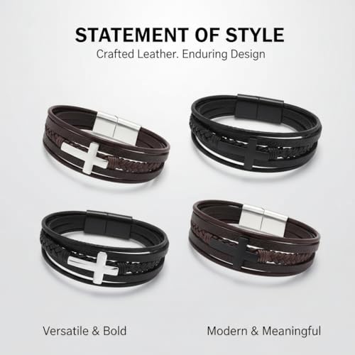 Stainless Steel Braided Leather Bracelet for Men Cuff Bangle Cross - color: 4 Colors