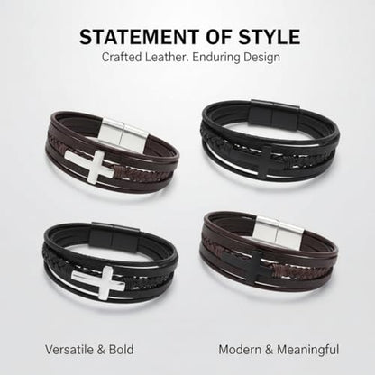 Stainless Steel Braided Leather Bracelet for Men Cuff Bangle Cross - color: 4 Colors