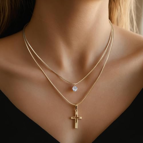 Cross Necklace for Women - Dainty 14K Gold Silver Plated Cross Necklace Choker Jewelry Cute Simple Small Trendy Non Tarnish Waterproof Faith Religious Jewelry Gift for Teenage - style: 04-Cross-Gold