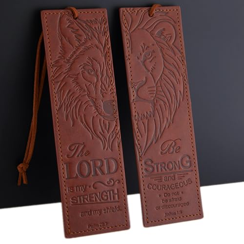 2 Pcs Wolf Lion Leather Bible Bookmark, Christian Bookmarks Gifts for Men Book Marks for Reading Men (Brown) - style: Brown