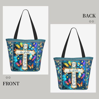 Bible Tote Bags for Women Christian Tote Bag Church Shoulder Bag Inspirational Bags With Zipper Christian Gift - color: Be Still and Know That I Am God 3
