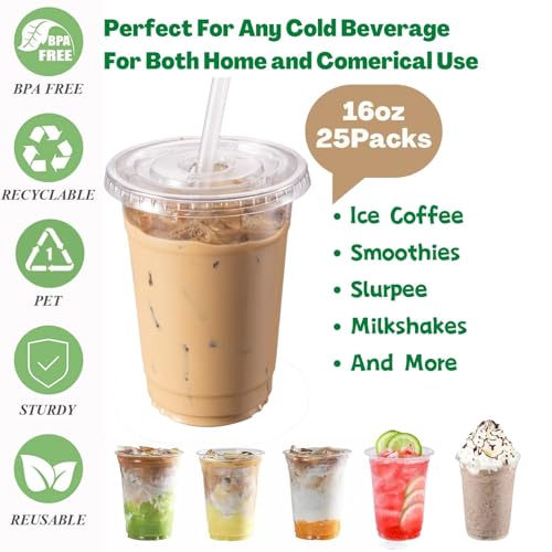 Artpreti 25 Sets 16 oz Clear Plastic Cups with Lids and STRAWS, Disposable Cups for Iced Coffee, Smoothie, Milkshake, Cold Drinks - size: 16 oz - With Lid