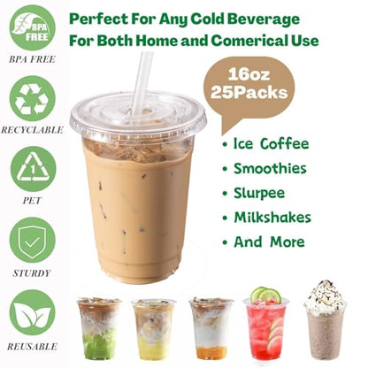 Artpreti 25 Sets 16 oz Clear Plastic Cups with Lids and STRAWS, Disposable Cups for Iced Coffee, Smoothie, Milkshake, Cold Drinks - size: 16 oz - With Lid