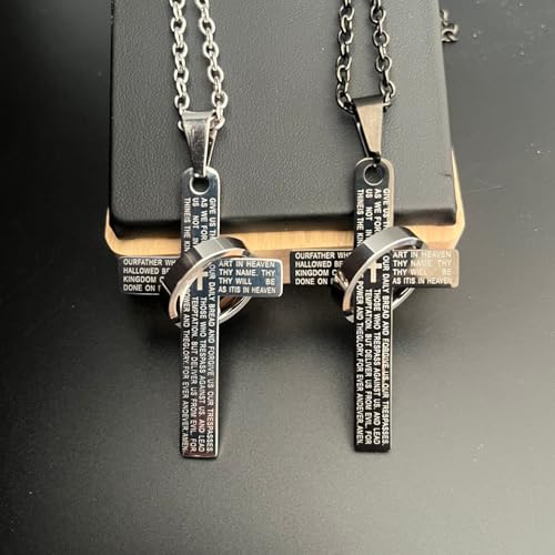Lord's Prayer Engraved Cross Pendant Necklace with Ring Stainless Steel Religious Jewelry for Men and Women, Faith-Inspired Gift - color: Silver