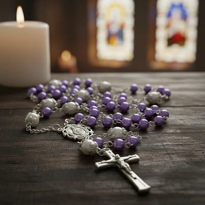 Nazareth Store Pearl Beads Rosary White Our Father Beaded Necklace Lourdes Medal & Cross Crucifix Spiritual Devotion - color: Purple