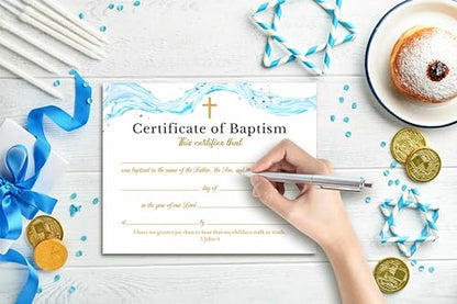 Baptism Certificates, Baptism Certificates for Church, Baby Dedication Certificates, Water Wave Themed Certificates for Baptism Supplies for Baby Boy Girl, Certificates of Recognition dd08