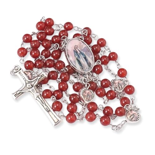 Nazareth Store Natural Stone Beads with Miraculous Epoxy Heart Metal Beads Rosary Necklace Gemstone Christian Gifts - color: Red Carnelian