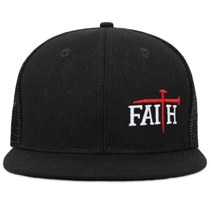 Christian Hats for Men Women - Cross Faith Flat Snapcback Hats - Religious Gifts for Thanksgiving Christmas - color: Black Mesh/Faith Red