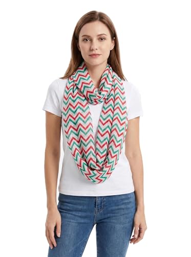 Lina & Lily Holiday Christmas Pattern Print Women's Infinity Scarf Lightweight - color: Red Green White, Chevron