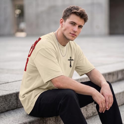 BINTEHGS Men's Christian Faith T-Shirts Inspirational Bible Verse Shirt Cross Oversized Tshirts for Men Jesus Graphic Tees - color: Apricot, size: Small