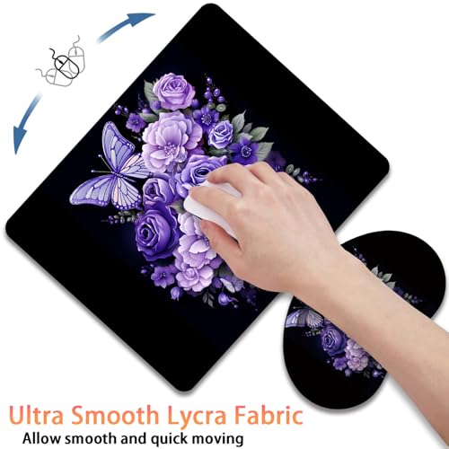 Mouse Pad 9.4"x7.9" + Wrist Support Pad + Embroidered Cup Pad Non-Slip Set, Ergonomic Mouse Wrist Support Pad, Suitable for Office/Gaming/Home Use, Butterfly and Purple Flowers - color: Butterfly and Purple Flowers
