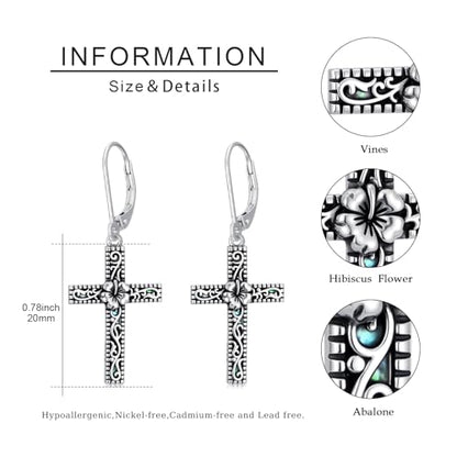 925 Sterling Silver Sunflower/Rose/Plumeria/Hibiscus/Mushroom Cross Earrings for Women Hawaiian Flower/Butterfly Cross Dangle Drop Earrings Jewelry Faith Christian Gift for Her Daughter Wife Girlfriend - style: Hibiscus