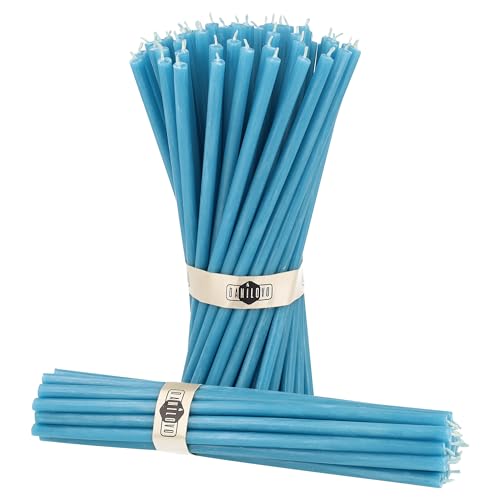 Danilovo Thin Taper Beeswax Candles - Honey-Scented, Decorative Candles Ideal for Birthday Decoration or Church Prayers - Turqoise Drip Free, Tall & Smokeless Pack of 50 pcs, 7.3 x 0.24 inch - color: Turqoise