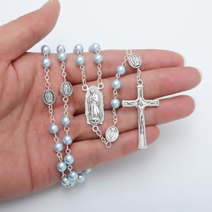 KOMI 6mm Glass Pearl Rosary Beads Catholic for Women with Metal Rosary Box Religious Gifts - style: Guadalupe-blue