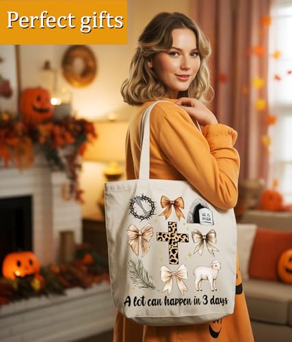 Aesthetic Christian Gifts Tote Bag for Church, Religious Tote Bag for Bible Study, Medium Size with Inner Pocket - color: Happen