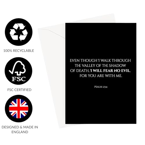 Inspiring Motivational Bible Verse Greeting Cards For Birthday, Retirement, Graduation, Sympathy, Strength, Mourning, Bereavement, Wedding Anniversary and Just Because For Christian Men and Women | Traditional Black and White Design (Psalm 23:4) - color: