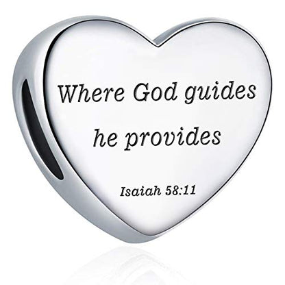 Heart Charm Fit Pandora Charms Bracelet Christian Bible Verse Charm Prayer Faith Religious Charms Gifts for Women - style: Where God guides he provides Isaiah 58:11
