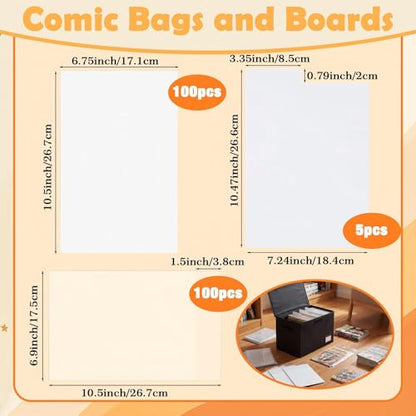 Novabright 207 Pieces Set of Comic Book Storage Set, Including 2 Comic Book Storage Boxes, 100 Bags, 100 Cardboard and 5 Dividers, Foldable with Handles, Suitable for Novel Collection