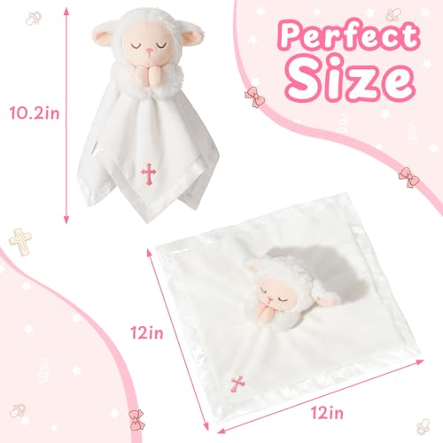 Lamb Baptism Blanket, Lamb Loveys Baptism Gifts for Baby Girls - color: White Lamb Pink Cross