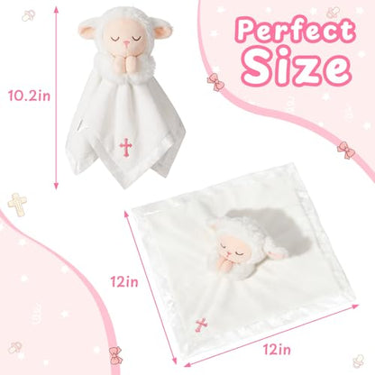 Lamb Baptism Blanket, Lamb Loveys Baptism Gifts for Baby Girls - color: White Lamb Pink Cross