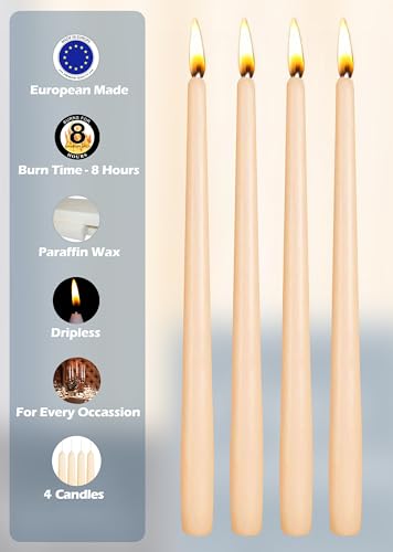 Hyoola Tall Taper Candles - 10 Inch Cream Unscented Dripless Taper Candles - 8 Hour Burn Time - 4 Pack - color: Cream, size: 10 Inch