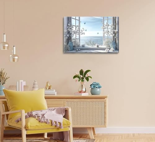 DAXINGJ Blue Coastal Butterfly Window Wall Art, Farmhouse Beach Framed - color: blue window, size: 16"L x 12"W