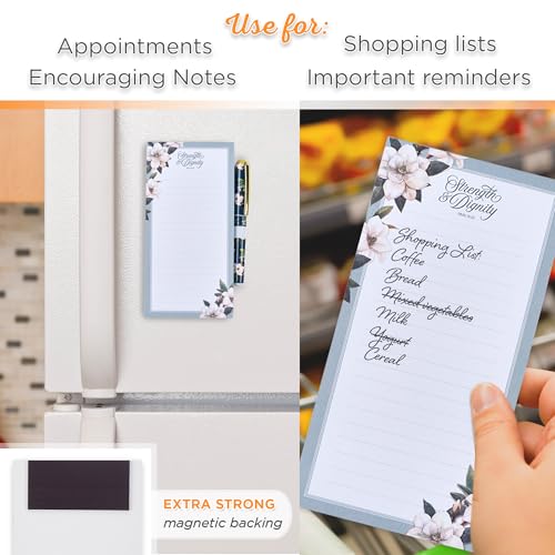 Christian Art Gifts Magnetic Notepad & Pen Set for Women, Strength &Dignity - color: White & Teal Floral/Strength & Dignity