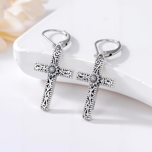 925 Sterling Silver Sunflower/Rose/Plumeria/Hibiscus/Mushroom Cross Earrings for Women Hawaiian Flower/Butterfly Cross Dangle Drop Earrings Jewelry Faith Christian Gift for Her Daughter Wife Girlfriend - style: Sunflower