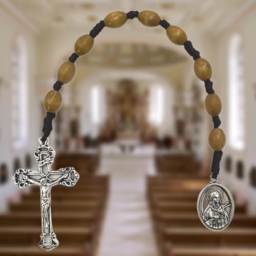 Pocket Rosary, Prayer Beads with Saints Medal and Cross/Crucifix - style: St Therese, 9 Beads, Light Brown Wood, Chaplet Chain
