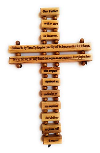Olive Wood Large Wall Decor Cross (9 Inches) with Lord's Prayer (Our Father Prayer) in English from Bethlehem Holy Land - size: 9.3"L x 5.5"W