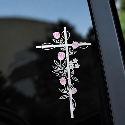Christian Floral Cross Decal, Pink Flower Religious Vinyl Sticker for Car Window, Waterproof Faith Cross Sticker for Laptop Tumbler Notebook, 6 Inches