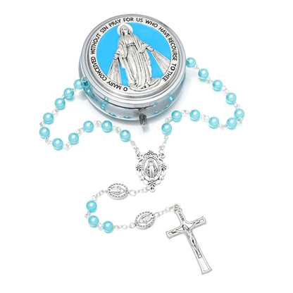 KOMI 6mm Glass Pearl Rosary Beads Catholic for Women with Metal Rosary Box Religious Gifts - style: Virgn Mary-blue