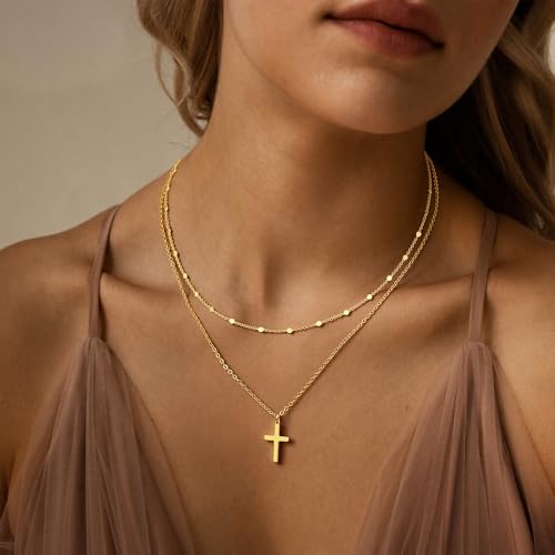 Cross Necklace for Women 14K Gold Silver Plated Small Cross Necklace Dainty Cross Pendant Choker Simple Trendy Cute Sideway Cross Charm Chain Necklaces for Women Trendy Christian Baptism Religious Faith Jewelry Gifts - size: Gold-519