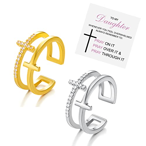 Harlermoon To My Daughter Pray Through It Cross Ring Double Cross Adjustable Baptism Gold CZ Diamond Creative Wedding Commitment Ring for Woman - color: silver&gold
