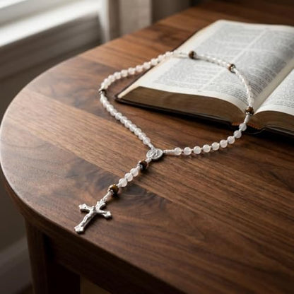 Nazareth Store 8mm White Jade & 10mm Natural Stone Beads Rosary Necklace St. Miraculous Medal & Cross Crucifix Catholic Prayer Beads Religious Jewelry - color: Tiger Eye