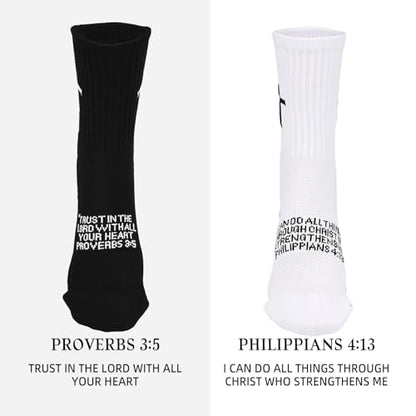 Mikovivi 2 Pairs Cross Grip Soccer Socks with Bible Verses, Anti-Slip Jesus Christian Catholic Football Socks for Men & Women Youth Sports (US Sizes 6-13)